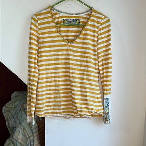 Striped Yellow and White Women's Long‎ Sleeve Top with Lace